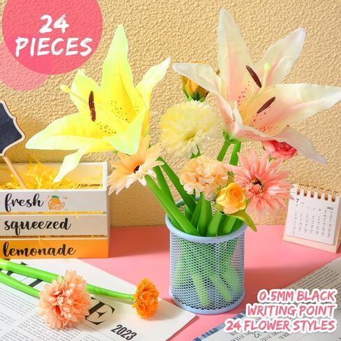 BBTO 24 Pcs Flower Pens Daisy Rose Lily Carnation Flower Pens for Women Ballpoint Pens with Flower Top Black Gel Ink Pen Gift for Women Mother Office Supplies,0.5 mm (Forest) in Saudi Arabia