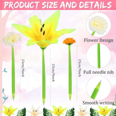 BBTO 24 Pcs Flower Pens Daisy Rose Lily Carnation Flower Pens for Women Ballpoint Pens with Flower Top Black Gel Ink Pen Gift for Women Mother Office Supplies,0.5 mm (Forest) in Saudi Arabia