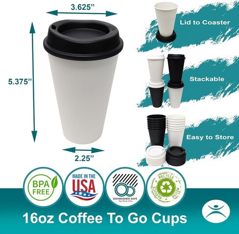 Rolling Sands USA Made 16 oz Reusable Coffee Cups with Lids 6 Pk, To Go Travel Cups, Hot or Cold Drinks, Dishwasher and Microwave Safe, Black in Saudi Arabia