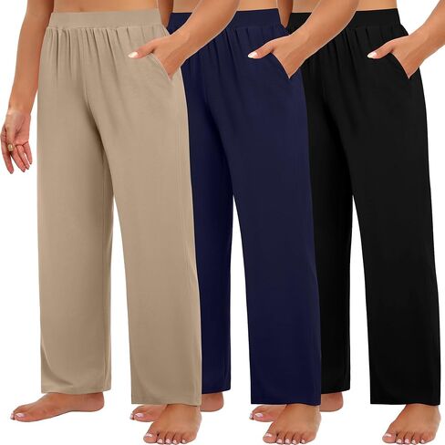 Huukeay 3 Pack Women's Plus Size Pants, High Waisted Wide Leg Pants Casual Pajamas Pants Loose Yoga Sweatpants with Pockets in Kuwait