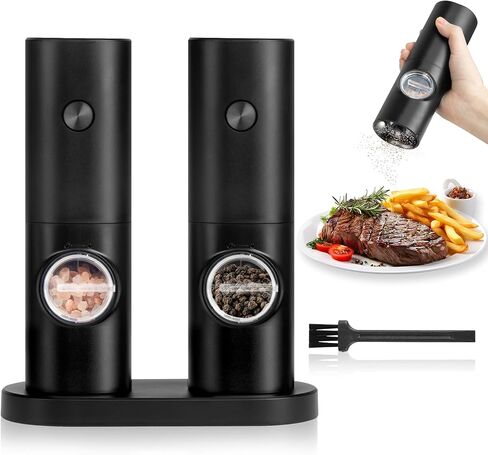 YSSOA Gravity Electric Salt and Pepper Grinder Set, Adjustable Coarseness, One Hand Automatic Operation, with Blue LED Light, Stainless Steel, Black in Kuwait