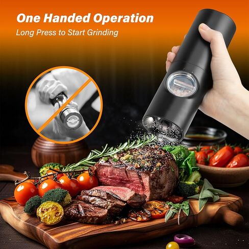 YSSOA Gravity Electric Salt and Pepper Grinder Set, Adjustable Coarseness, One Hand Automatic Operation, with Blue LED Light, Stainless Steel, Black in Kuwait