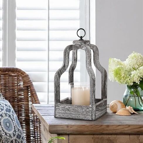 شمعة إعصار فانوس مع حامل شمعدان زجاجي، فانوس خشبي عتيق لمزرعة ريفية فوانيس شموع مزخرفة، أبيض متعثر in Kuwait