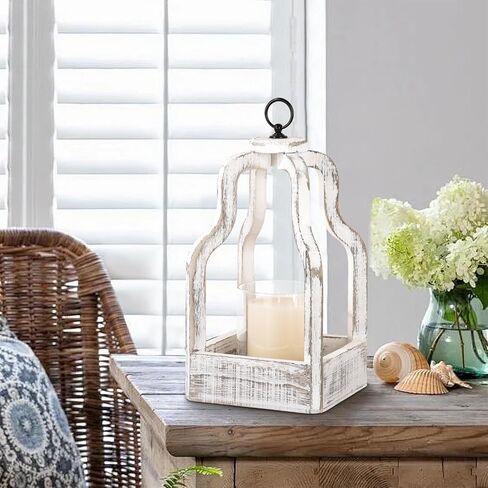 Candle Hurricane Lantern with Glass Candlestick Holder Wood Lantern Vintage Rustic Farmhouse Decorative Candle Lanterns, Distressed White in Saudi Arabia