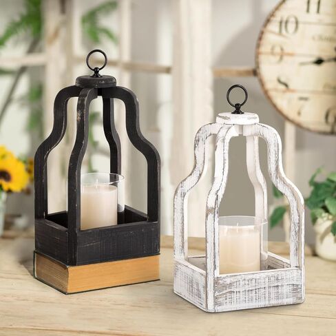 Candle Hurricane Lantern with Glass Candlestick Holder Wood Lantern Vintage Rustic Farmhouse Decorative Candle Lanterns, Distressed White in Saudi Arabia