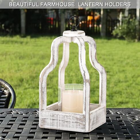Candle Hurricane Lantern with Glass Candlestick Holder Wood Lantern Vintage Rustic Farmhouse Decorative Candle Lanterns, Distressed White in Saudi Arabia