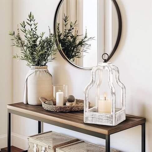 Candle Hurricane Lantern with Glass Candlestick Holder Wood Lantern Vintage Rustic Farmhouse Decorative Candle Lanterns, Distressed White in Saudi Arabia