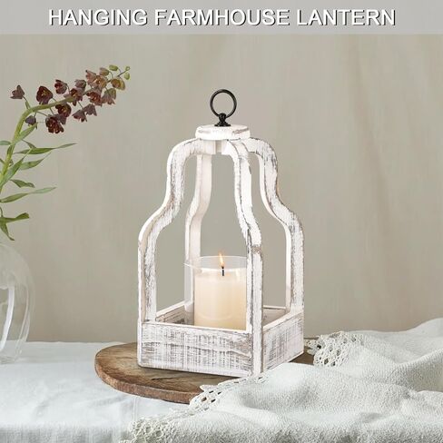 Candle Hurricane Lantern with Glass Candlestick Holder Wood Lantern Vintage Rustic Farmhouse Decorative Candle Lanterns, Distressed White in Saudi Arabia