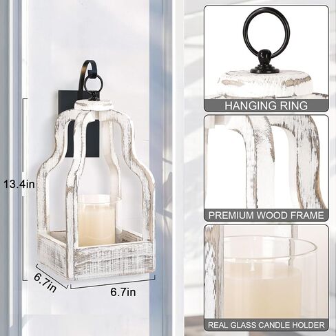 Candle Hurricane Lantern with Glass Candlestick Holder Wood Lantern Vintage Rustic Farmhouse Decorative Candle Lanterns, Distressed White in Saudi Arabia