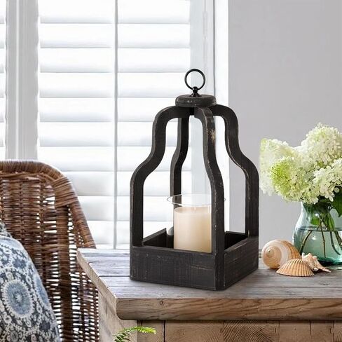 Candle Hurricane Lantern with Glass Candlestick Holder Wood Lantern Vintage Rustic Farmhouse Decorative Candle Lanterns, Distressed White in Saudi Arabia