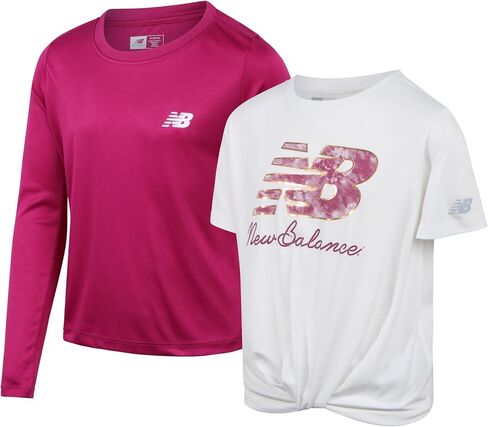 تي شيرت نشط للفتيات من New Balance - قطعتان من تي شيرت بأكمام قصيرة وأكمام طويلة - تي شيرت رياضي رياضي للبنات، 7-16 in Kuwait