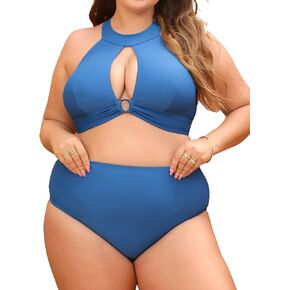 CUPSHE Women Swimsuit Plus Size Bikini Set Two Piece Bathing Suit High Waisted Keyhole Cutout Front Crisscross Back