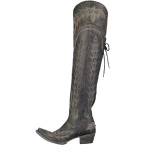 LISHAN Women's Western Cowboy Cowgirl Boots Thigh High Embroidered Block Heels Faux Leather Back Lace Up Shoes