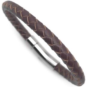 Round Braided Brown Leather Cord Bracelet Stainless Steel Locking Clasp Mens Womens (7-9 Inch)