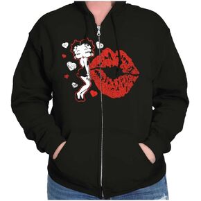 Brisco Brands Betty Boop Blowing Kisses Lips Hearts Zip Hoodie Sweatshirt Women