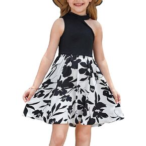 Floerns Girl's Floral Print Asymmetrical Neck Ribbed Sleeveless Summer A Line Dress