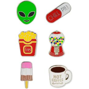 Pincredibles Enamel Pins 6-pack (Alien Face, Popsicle, French Fries, Bubble Gum Machine, Hot Coffee Mug, Chill Pill)
