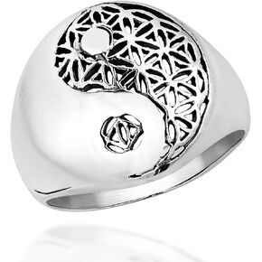 AeraVida Yin Yang Balance Flower of Life .925 Sterling Silver Ring