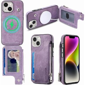 Wallet Case for iPhone 14 6.1 inch with MagSafe Magnetic RFID Blocking and Credit Card Holder Kickstand Wireless Charging Leather Zipper Phone Cover for iPhone14 5G i i-Phone i14 iPhone14case Black