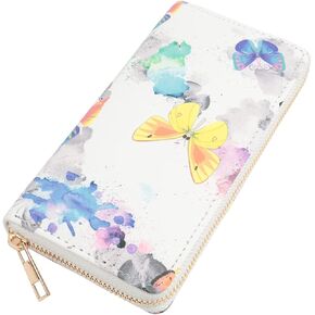 RIAH FASHION Lovely Plant Floral Leaf Print Zip Around Wallet - Cute Pattern Zipper Clutch Purse Card & Phone Slots (Zip Wallet - Butterfly Pasltel Blue)