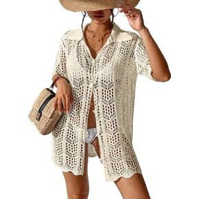 SOLY HUX Women's Button Down Hollow Out Crochet Swimsuits Cover Ups Kimono Short Sleeve Sheer Beach Cover Up