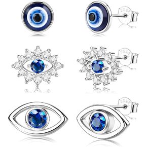 Evil Eye Earrings for Women White Gold Plated 925 Sterling Silver Evil Eye Stud Earrings Minimalist Blue CZ Eye Earrings Protection Jewelry in Kuwait