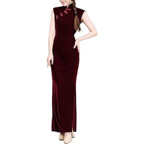 Women's Elegant Velvet Cheongsam Qipao Dress Chinese Mandarin Collar Side Slit Maxi Dress