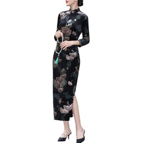 Women's Elegant Velvet Cheongsam Qipao Dress Chinese Mandarin Collar Side Slit Maxi Dress