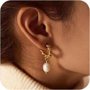 Pearl Hoop Earrings for Women - Gold Hoop Earrings Pearl Earrings for Women Trendy Jewelry Gifts 14k Gold Earrings with Pearl Huggie Earrings | Twisted Rope | Pearl Dangle | Zircon