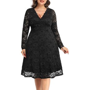 Women Plus Size Wedding Guest Dresses Cocktail Black Wrap Lace Fall Formal Long Sleeve Knee Length Evening Party Dress