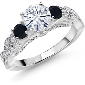 Gem Stone King 925 Sterling Silver Black Onyx and White Moissanite Engagement Ring For Women (1.27 Cttw, Round 6MM and 3MM, Gemstone Birthstone, Available In Size 5, 6, 7, 8, 9)