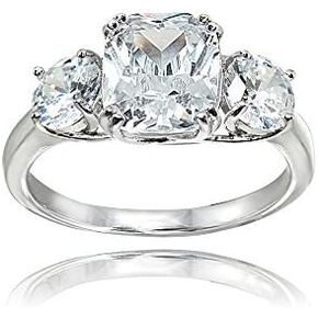 Hoops & Loops Sterling Silver Cubic Zirconia Cushion Cut 3-Stone Royal Engagement Wedding Ring