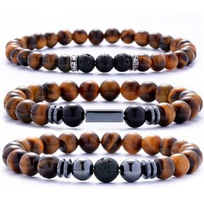 YJJelt Mens Beaded Bracelets Natural 8MM Tiger Eye Lava Stone Gemstone Beads Stretch Bracelet Set for Men Jewelry in Kuwait