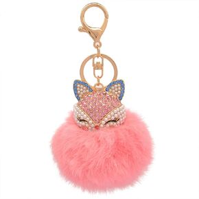 Rabbit Fur Ball Pom Pom Keychain with Fox Head Inlay Pearl Rhinestone for Women Backpack Car Key Chain Decoration
