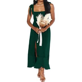 Elegant Women's Bridesmaid Dresses Square Neck Ruffle Split Tie-up Formal Midi Dresses for Wedding Guest Cocktail Party