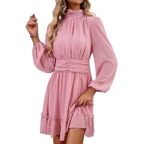 ELFTOWN Women's Elegant Mock Neck Chiffon Mini Dress Long Sleeve Ruffle Hem A-Line Flowy Swing Short Dresses