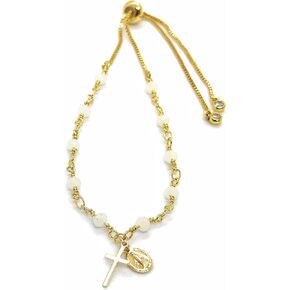 LESLIE BOULES Rosary Gold Bracelet for Women White Crystal Beads Chain Virgin Mary and Tiny Cross Pendants
