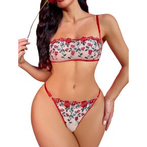 Women's 2 Piece Lingerie Set Floral Embroidered Sheer Mesh Lingerie Bra and Low Rise Panty Set in Saudi Arabia