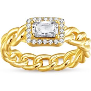 Aurelia Mae Baguette Halo Ring | Cuban Link Chain Band Set with Baguette Gem | Emerald CZ Stacking Thick Band