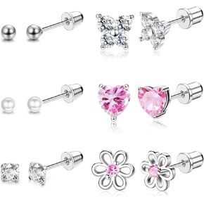 Udalyn 6 Pairs Hypoallergenic Screwback Earrings Tiny Pearl Ball Heart Butterfly Flower CZ Stud Earrings Set Stainless Steel Stud Earrings for Women 18G-20G