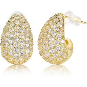 MDFUN Sparkling Cubic Zirconia Earrings for Women Stud Earrings Teardrop C-shape Iced Out Hypoallergenic 18K White Gold/Yellow Gold Plated Earrings