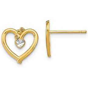 Solid 14k White and Yellow Gold Two Toned Diamond-Cut Heart Post Studs Earrings - 10mm x 11mm