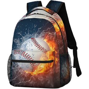 cfpolar Baseball Backpack for Kids, Fire Water Baseball School Backpacks Laptop Backpack Water Resistant Casual Hiking Camping Travel Daypack Lightweight Bookbag for Student with Adjustable Buckles