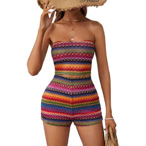 WDIRARA Women's 2 Piece Geo Graphic Outfit Sleeveless Crop Tube Top High Waist Shorts Set