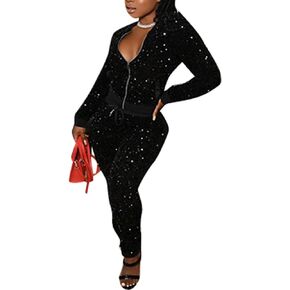 ThusFar Women's Sexy Sequin Two Piece Outfits Pockets Glitter Metallic Jacket and Pant Bodycon Jogger Tracksuit Clubwear