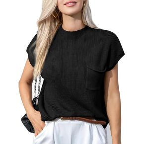 Women's Sweater Vest Trendy Sleeveless Knit Pullover Tops Cap Sleeve Loose Fit Casual Knitted Tank Top with Pocket