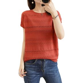 Womens Summer Tops Sleeveless Hollow Out Sweater Pointelle Blouse Cotton Lightweight Knit Pullover Crew Neck Shirt