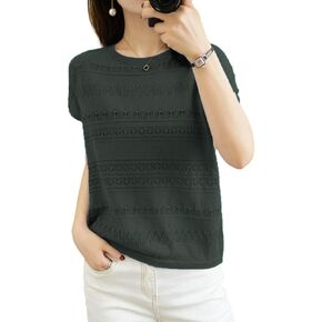 Womens Summer Tops Sleeveless Hollow Out Sweater Pointelle Blouse Cotton Lightweight Knit Pullover Crew Neck Shirt