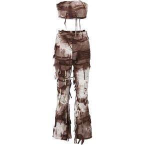 WDIRARA Women's 2 Piece Outfits Tie Dye Strapless Textured Crop Tube Top and Flare Leg Pants Set