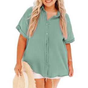 Eytino Women Plus Size Linen Shirts Roll Up Short Sleeve V Neck Button Down Casual Loose Blouse Tops(1X-5X)